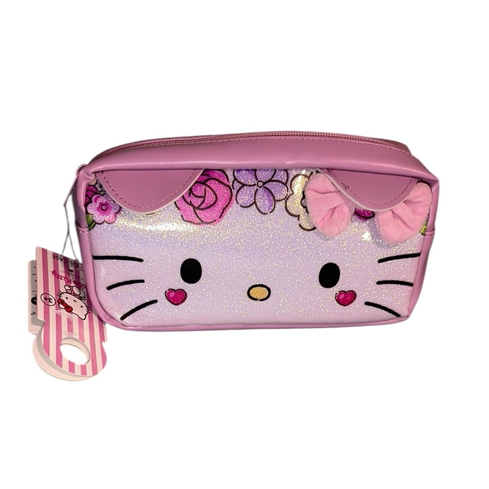 Hello Kitty Primark Glitter Pencil Case Cosmetic Bag - Pink Floral 3D Bow